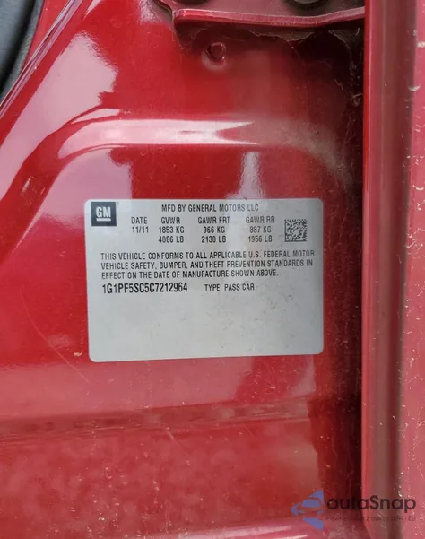 2012 Chevrolet Cruze Lt z USA, uszkodzony, nr VIN 1G1PF5SC5C7212964